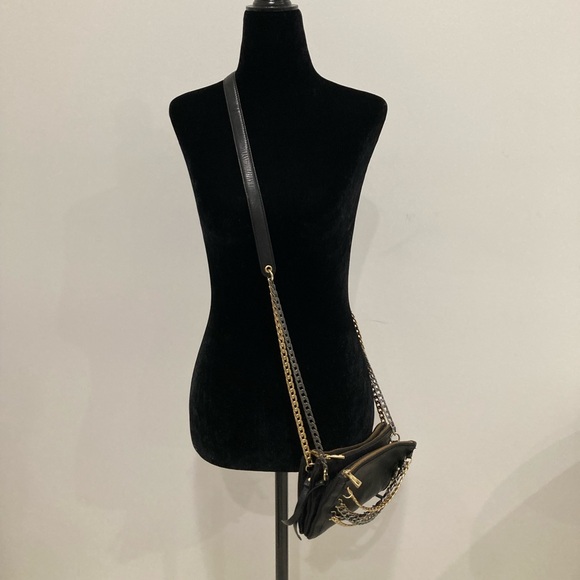 ASH Black Leather Convertible Cross Body Purse Gold Silver Chain - Picture 3 of 14